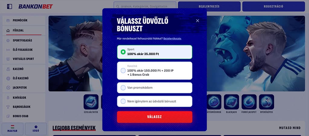 BankonBet Casino regisztráció – üdvözlő bónusz kiválasztása sporthoz vagy kaszinóhoz.