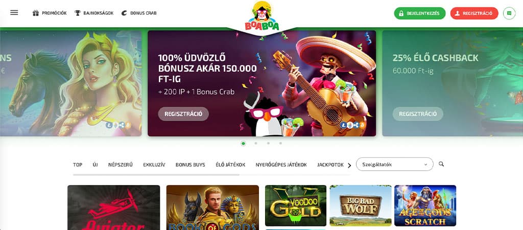 BoaBoa Casino főoldal – üdvözlő bónusz 150.000 Ft-ig, cashback ajánlat és nyerőgépek.