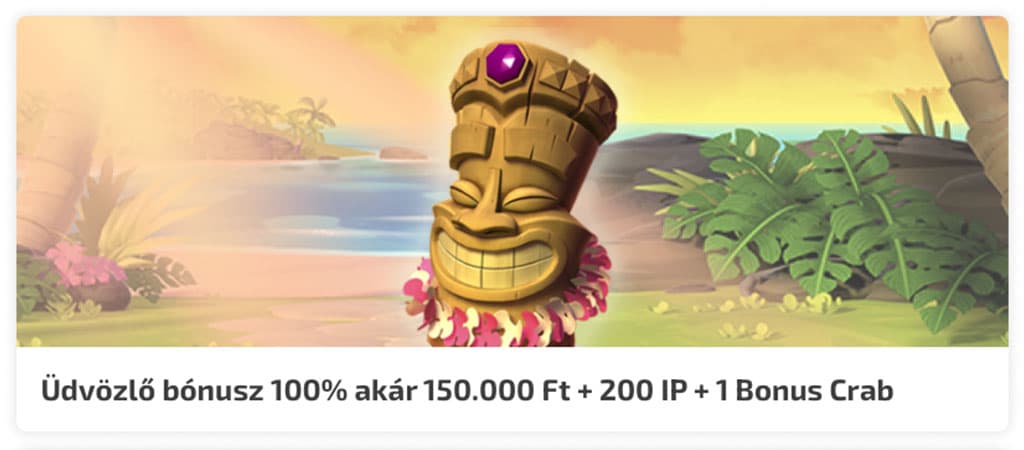 BoaBoa Casino üdvözlő bónusz – 100% akár 150.000 Ft + 200 IP + Bonus Crab, trópusi tiki háttérrel.