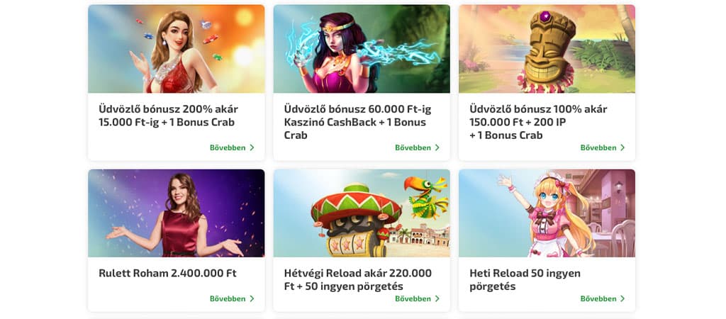 BoaBoa Casino promóciók – üdvözlő bónuszok, cashback, reload és rulett ajánlatok vizuális kártyákon.