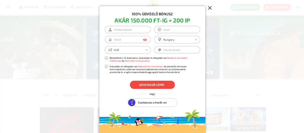 BoaBoa Casino regisztrációs űrlap – üdvözlő bónusz 150.000 Ft-ig és 200 ingyenes pörgetés.