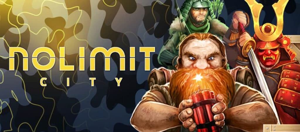 Nolimit City kaszinójátékok karakterei robbanóanyaggal és harci páncéllal, logóval.