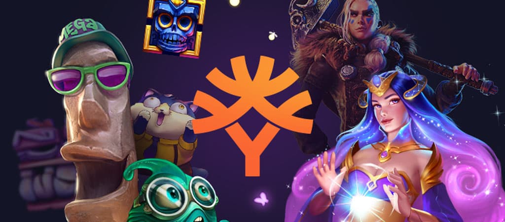 Yggdrasil narancssárga logója, körülötte rajzolt karakterek, köztük egy kék hajú varázslónő és egy kalapos madár figura.