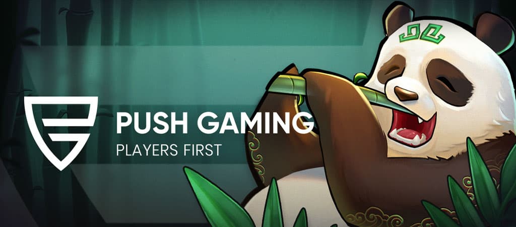 Push Gaming logó és szlogen, bambuszerdőben ülő pandával.