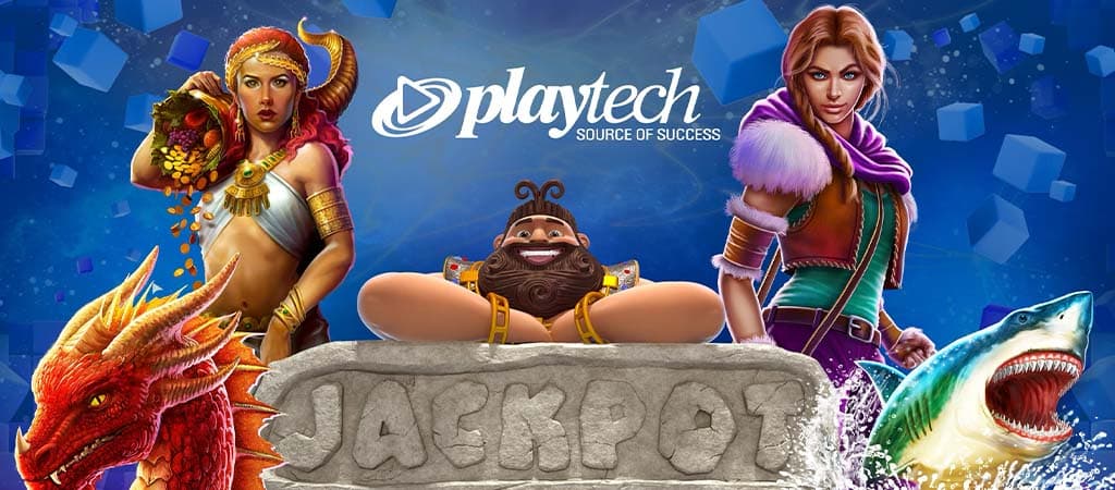 Playtech logó kaland- és fantasy témájú karakterekkel, sárkánnyal, cápával és jackpot felirattal.