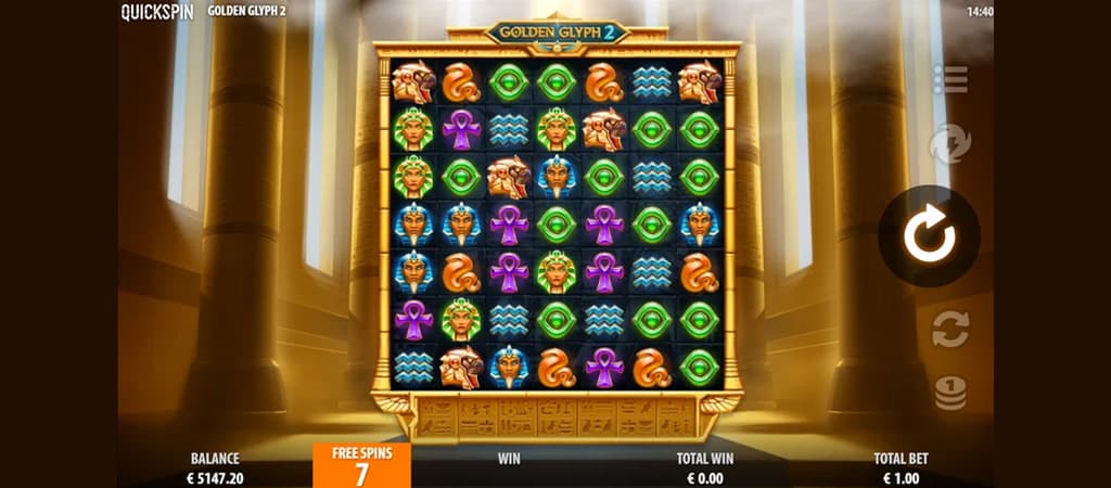 Golden Glyph 2 nyerőgépes játék, ókori egyiptomi templom háttérrel és szimbólumokkal, 7 ingyen pörgetéssel.