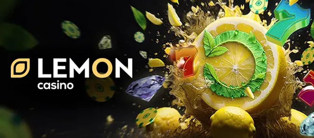 Lemon Casino logó dinamikus citrom és zsetongráfikával, életteli színekben a nyerőgépes izgalom jegyében.