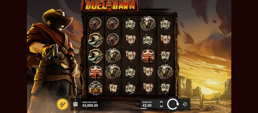 Duel at Dawn nyerőgép western témában, fegyveres cowboyjal, vadnyugati szimbólumokkal és bónuszvásárlás opcióval.