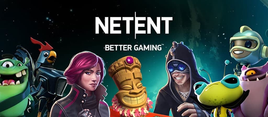 NetEnt logó ikonikus kaszinó karakterekkel: totem, tolvaj, űrlények és hősök, innovatív játékdizájn.
