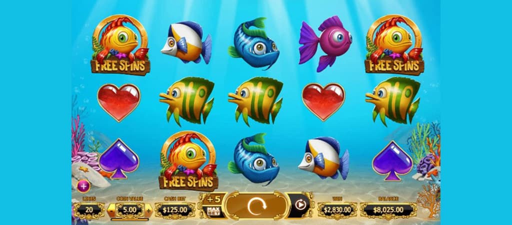 Golden Fish Tank slot tenger alatti témával, színes hal szimbólumokkal, bónusz pörgetés ikonokkal és víz alatti háttérrel.