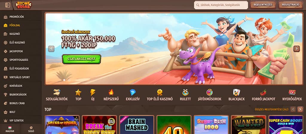 StoneVegas online kaszinó főoldal: 100% bónusz + 200 ingyen pörgetés promóció, élő kaszinó és nyerőgépek kategóriák.