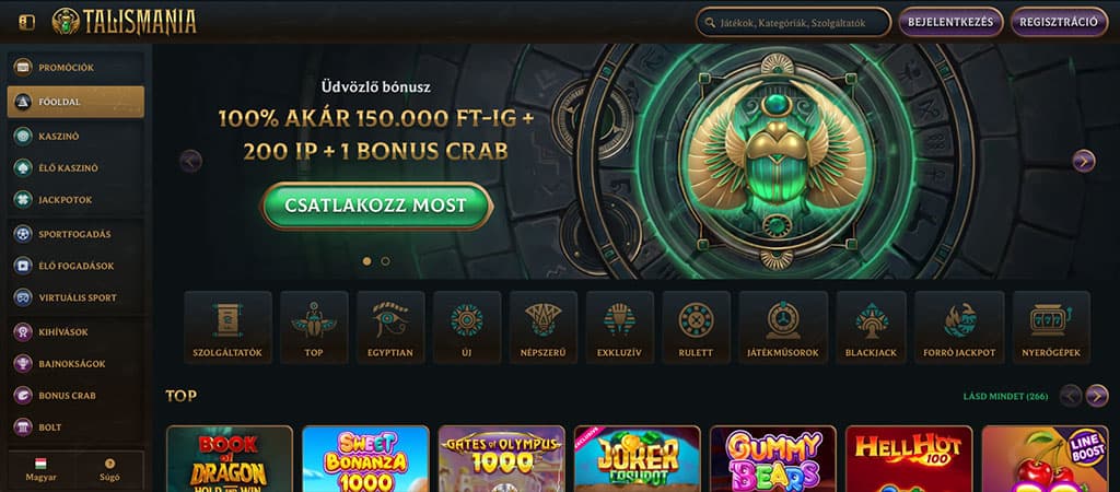 Talismania Casino főoldal egyiptomi skarabeusz grafikával, 100% bónusz akár 150 000 Ft-ig +200 IP +1 Bonus Crab.