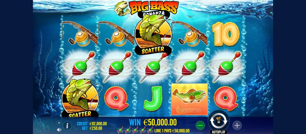 Big Bass Bonanza nyerőgép: 50 000 EUR nyeremény, scatter szimbólumok, halas témájú online játék.