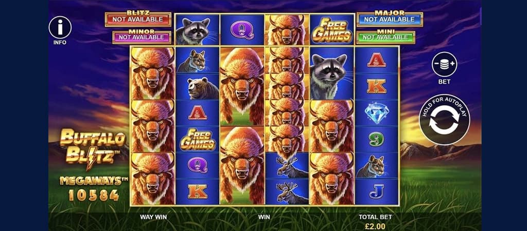 Online nyerőgép Buffalo Blitz Megaways: bivalyok, gyémántok, Free Games és több ezer nyerési esély.