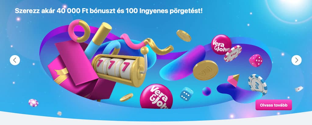 Vera&John Casino: akár 40 000 Ft üdvözlő bónusz és 100 ingyenes pörgetés.