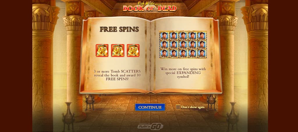 Book of Dead ingyen pörgetések, scatter szimbólumok és speciális bővülő nyeremények bemutatása.