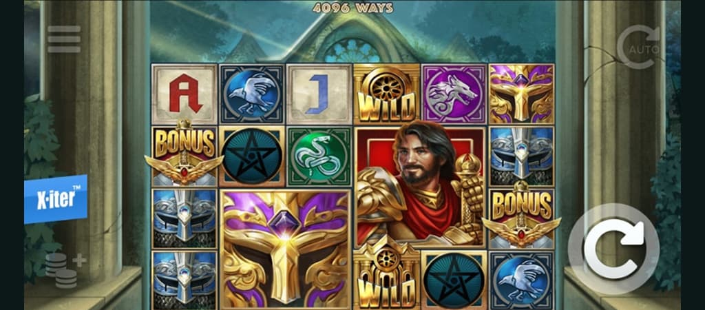Avalon Gold nyerőgép bónusz szimbólumokkal, wild ikonokkal és középkori hős karakterrel a játékmezőn.