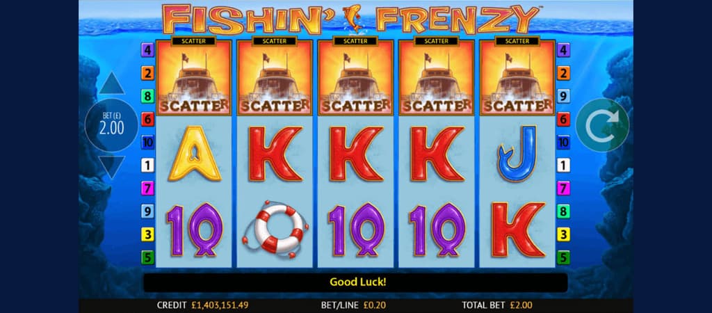 Fishin’ Frenzy nyerőgép scatter hajós szimbólumokkal, tengeri témával és klasszikus slot elemekkel.