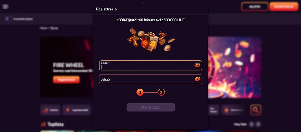 Fireball Casino regisztrációs ablak 100% újratöltési bónusszal akár 500 000 HUF, ajándékdobozból szálló aranyérmékkel.