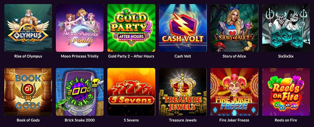Tizenkét online nyerőgép ikon színes grafikákkal, köztük Rise of Olympus, Moon Princess Trinity és Reels on Fire.