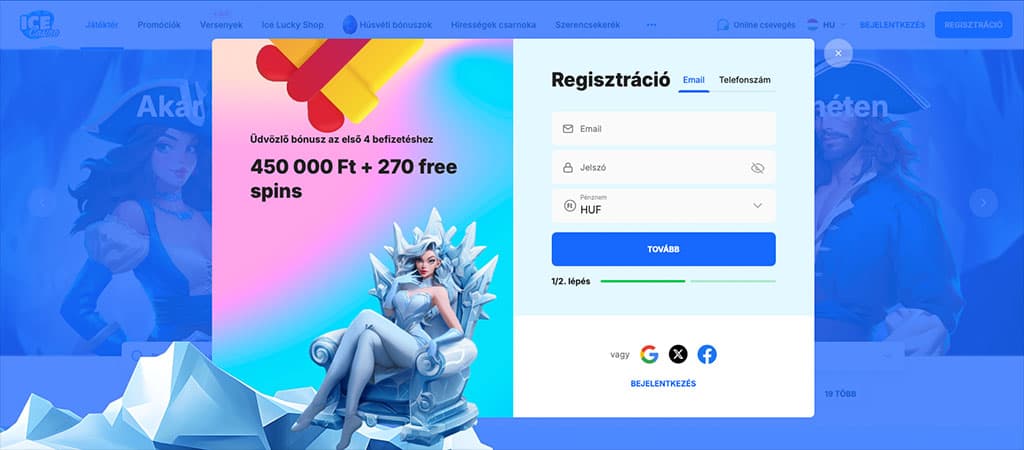 Ice Casino regisztrációs űrlap emailes bejelentkezéssel, 450 000 Ft és 270 ingyenes pörgetés felirattal.