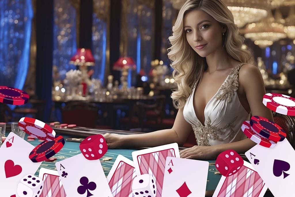 Elegáns osztó baccarat asztalnál, kaszinó kártyák, zsetonok és dobókockák luxus környezetben.