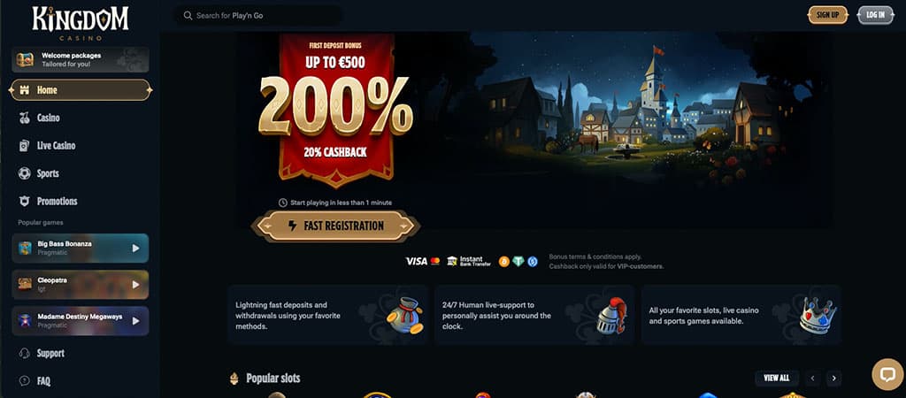 A Kingdom Casino főoldala 200% üdvözlő bónusszal, népszerű nyerőgépekkel és sportfogadási lehetőségekkel.