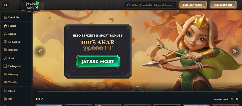 HeroSpin Casino főoldal sportbónusz ajánlattal, íjászlánnyal, 100% akár 35.000 Ft, játékra hívó gombbal magyar játékosoknak.