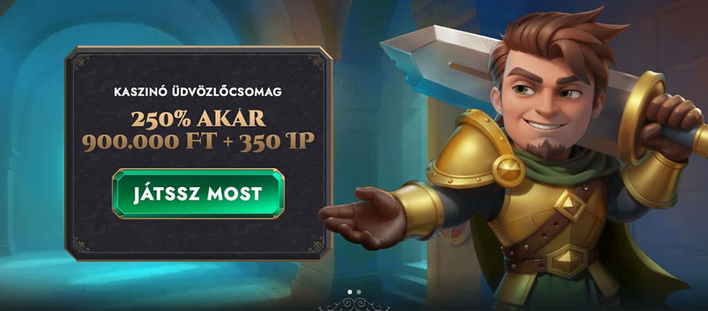 HeroSpin üdvözlő csomag, 250% bónusz akár 900.000 Ft és 350 ingyen pörgetés, karddal pózoló hőssel, játssz most gombbal.