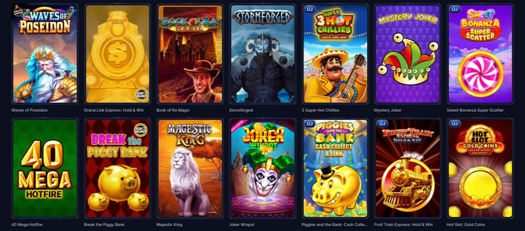 Online kaszinó nyerőgépes játékok választéka, köztük Waves of Poseidon, Book of Ra Magic, Sweet Bonanza.