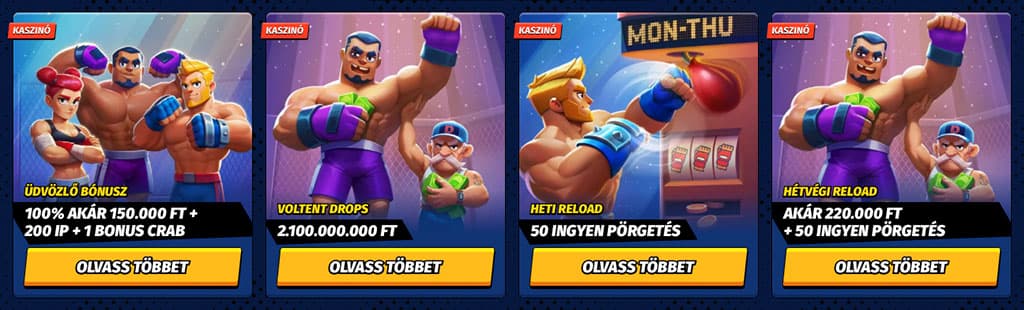 Big Clash kaszinó bónuszok: üdvözlő 150 000 Ft, Voltent Drops 2,1M Ft, heti és hétvégi reload ingyen pörgetéssel.