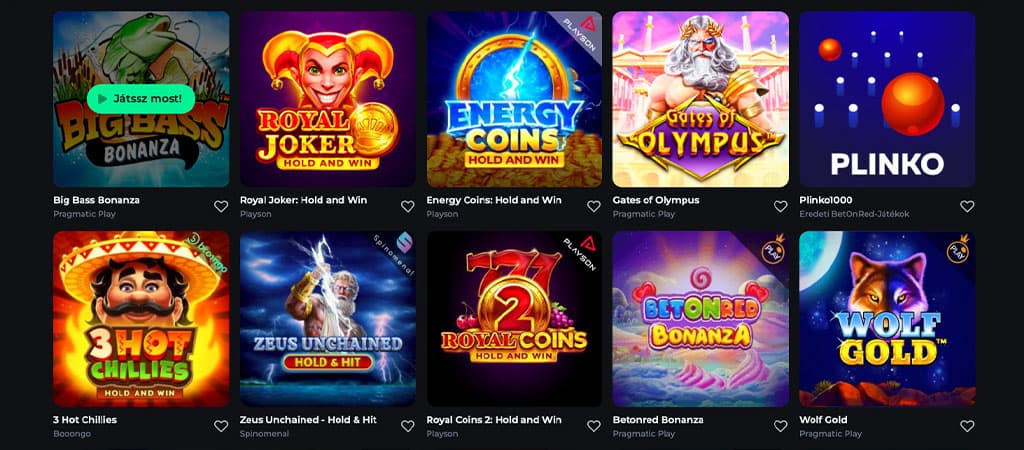 BetOnRed casino nyerőgépek: Big Bass Bonanza, Royal Joker, Energy Coins, Gates of Olympus, Plinko, 3 Hot Chillies és mások