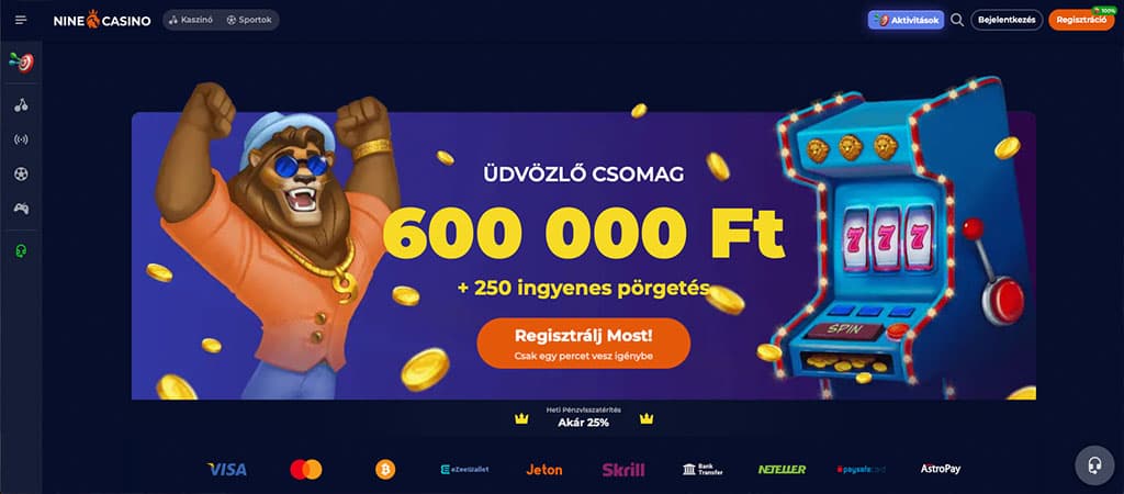 Nine kaszinó promóciós banner színes grafikával, állatfigura napszemüvegben, klasszikus nyerőgép és aranyérmék.