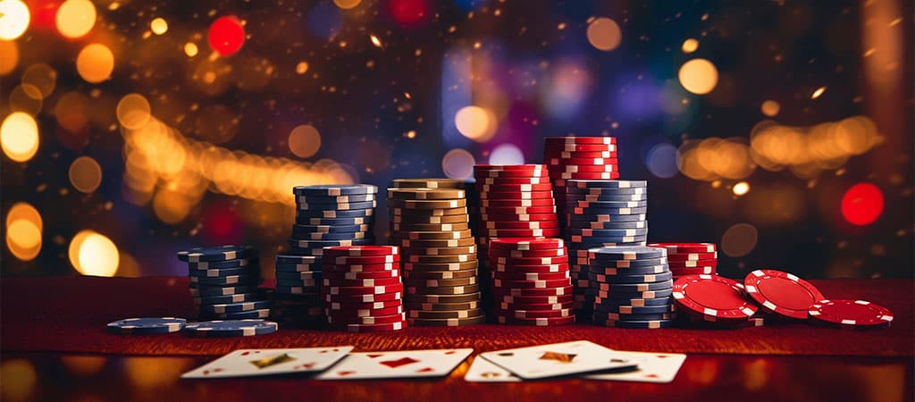 Pokerzsetonok és kártyák elhelyezve egy kaszinóasztalon, elmosódott, fénylő háttér előtt.