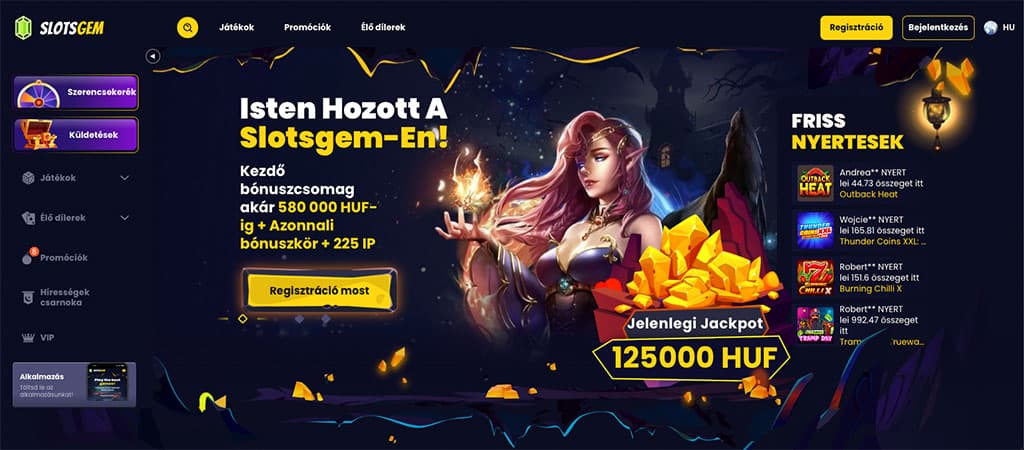 A Slotsgem casino főoldalán egy tündér, jackpot, bónuszajánlatok és a legutóbbi nyertesek láthatók.