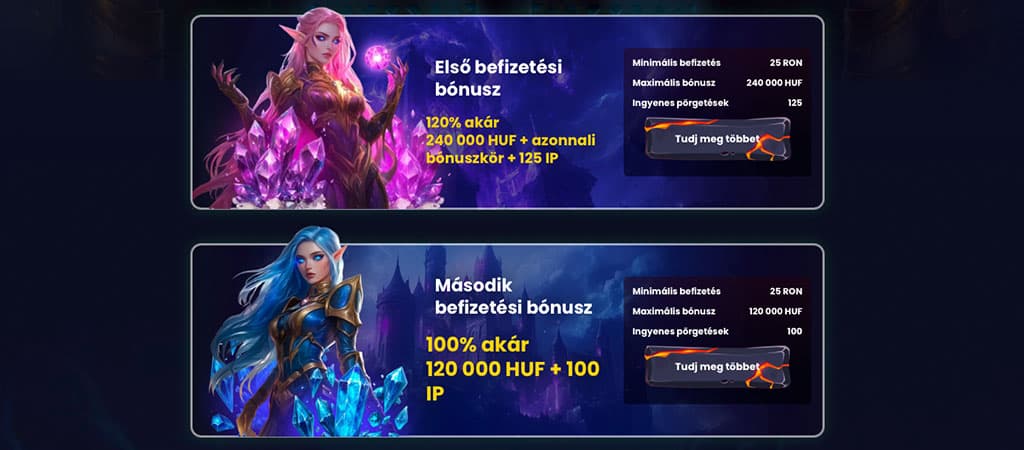 A Slotsgem promóciós oldalán az első és második befizetési bónuszok részletei láthatók, tündérekkel illusztrálva.