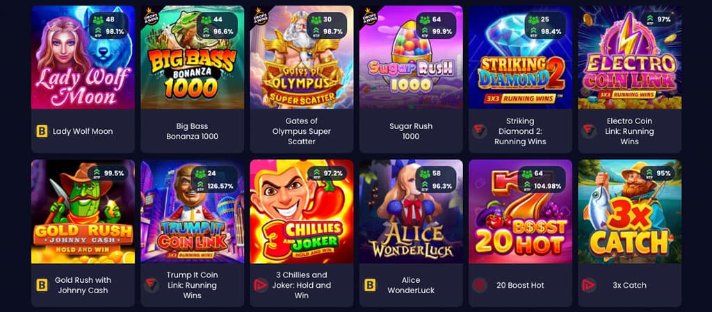 A Slotsgem online casino nyerőgépeinek listája, olyan népszerű játékokkal, mint a Lady Wolf Moon és a Sugar Rush.