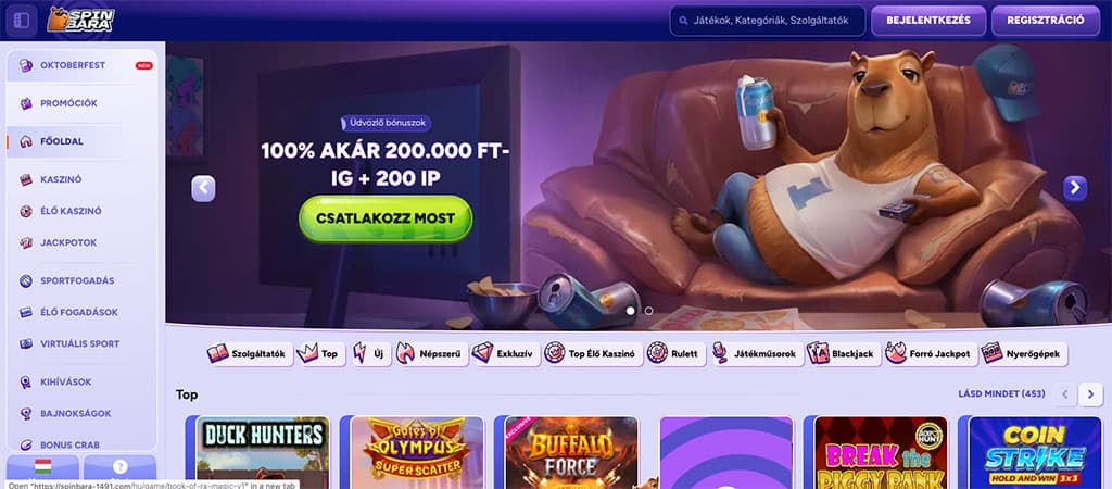 A Spinbara online kaszinó nagy bónusz ajánlatot és népszerű játékok ikonjait jeleníti meg a főoldalon. 