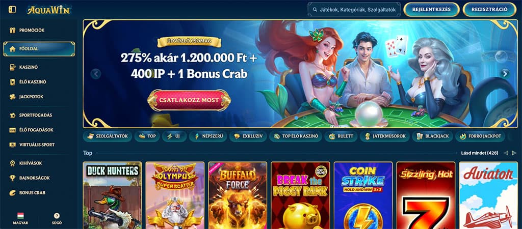 Az AquaWin online casino főoldala, amely víz alatti témájú dizájnnal és üdvözlő bónusz ajánlattal fogadja a játékosokat.