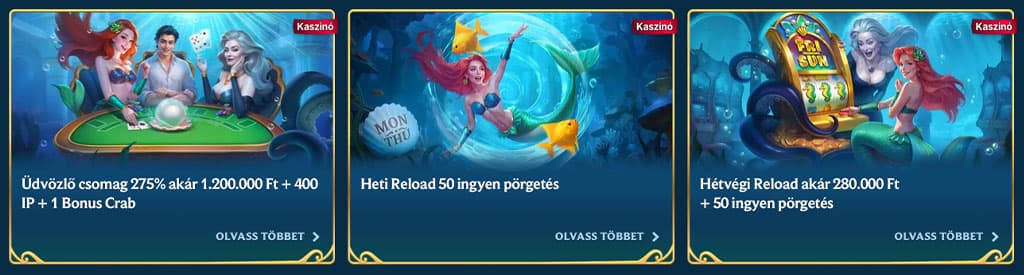 Három AquaWin casino promóció, köztük az üdvözlő csomag, a heti reload bónusz, és a hétvégi reload ajánlat.