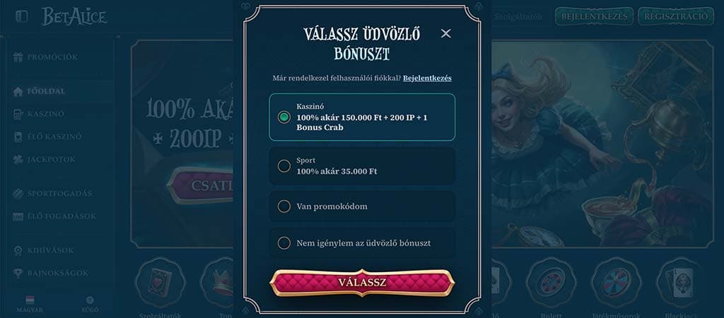 A BetAlice kaszinó regisztrációs felugró ablaka, ahol a játékos választhat kaszinó vagy sport üdvözlő bónusz között.