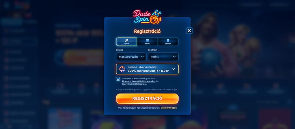 Dudespin Casino regisztráció néhány lépésben.