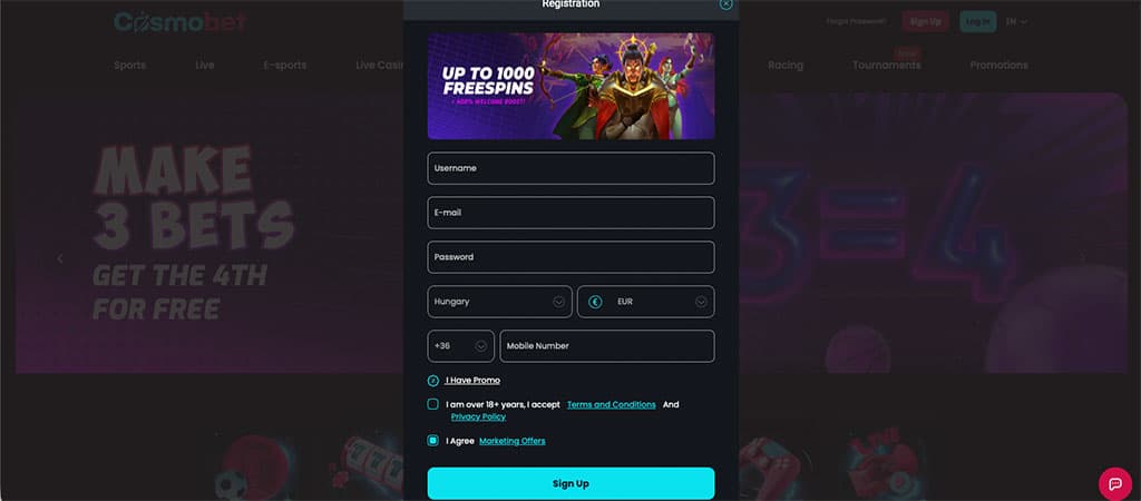 Így regisztrálhatsz a Cosmobet Casino weboldalán.