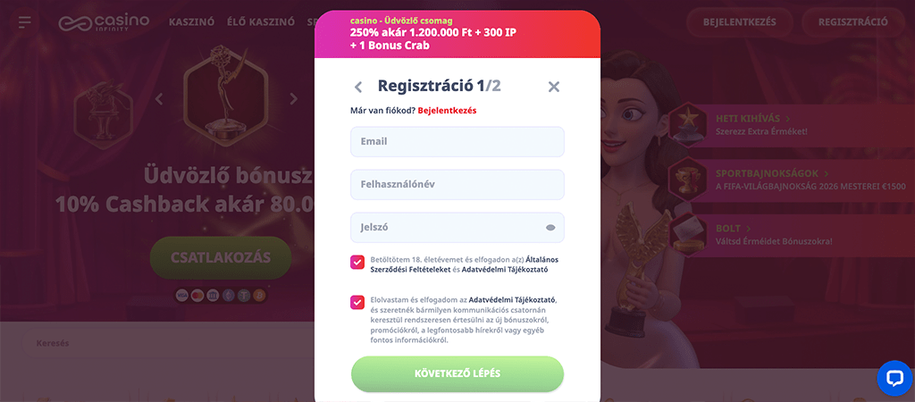 Egyszerű regisztráció a Casino Infinity magyar platformjára.