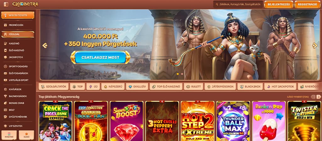 Cleobetra online casino üdvözlő bónusz és sok más.