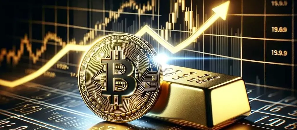 Bitcoin érmét és aranyrudat ábrázoló kép, háttérben emelkedő grafikonokkal a pénzügyi növekedést jelképezve.