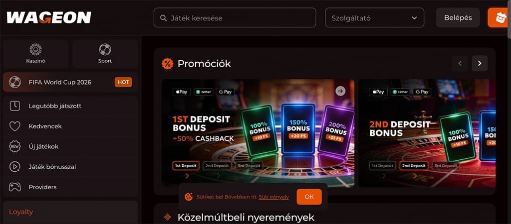 Wageon kaszinó, promociók, online kaszinó