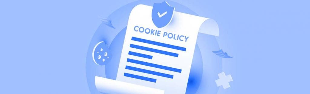 Cookie szabályzatot ábrázoló illusztráció pajzzsal, sütivel és dokumentummal, adatvédelem témában.