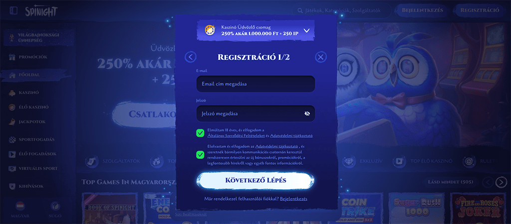 Nyiss fiókot a Spinight Casino felületén, regisztráció.