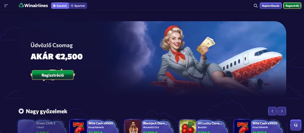Winairlines Casino üdvözlő csomag és üdvözlő bónusz.
